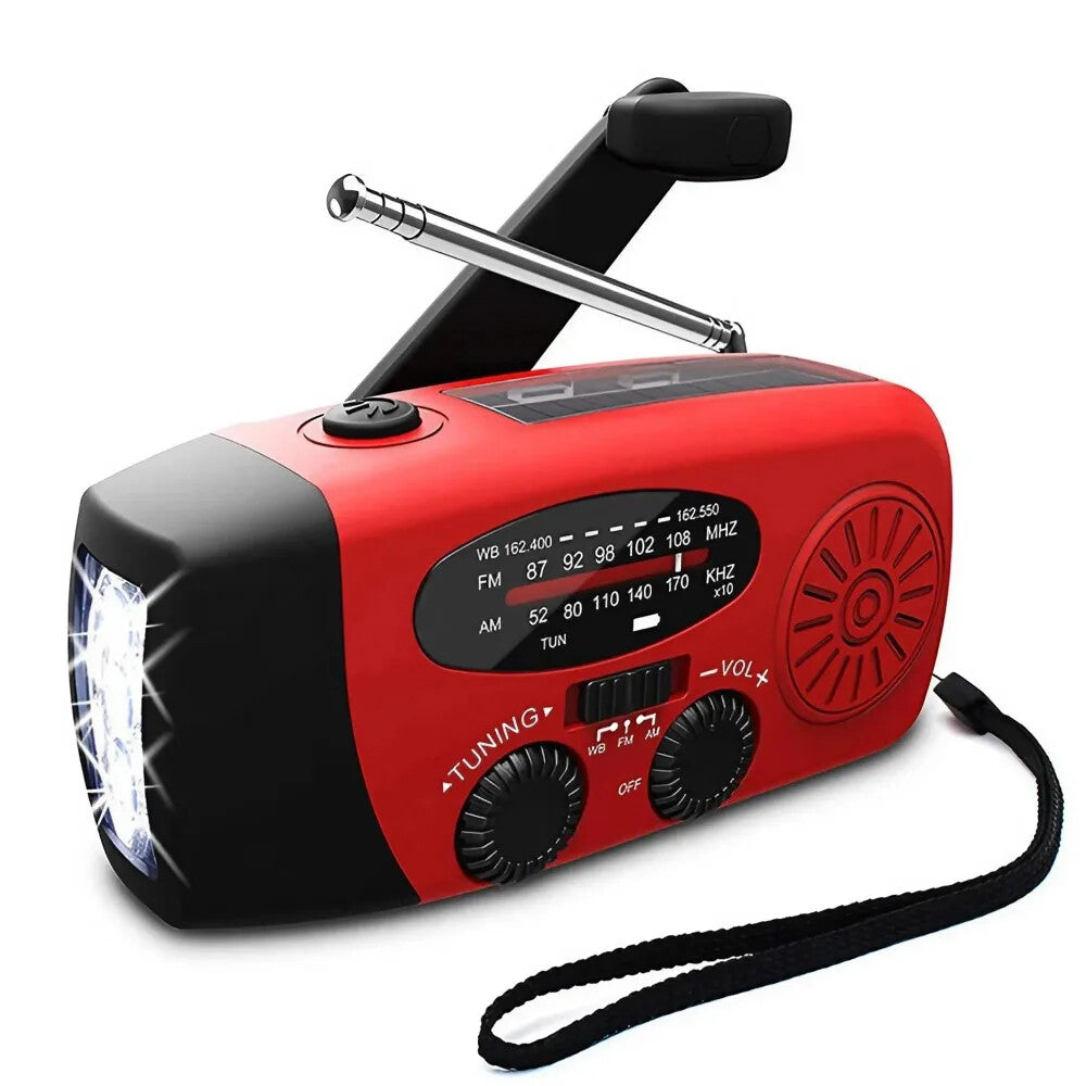 Radio de emergencia roja con manivela, linterna y antena