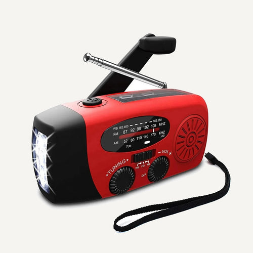 Radio de emergencia roja Precavido con manivela, antena y linterna